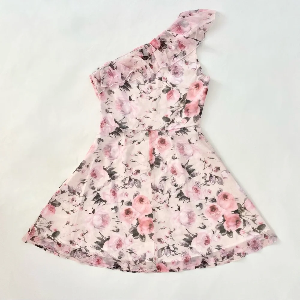 NWOT Pink Floral One Shoulder Ruffle Trim High Waist Flared Mini Dress XS - Picture 4 of 15